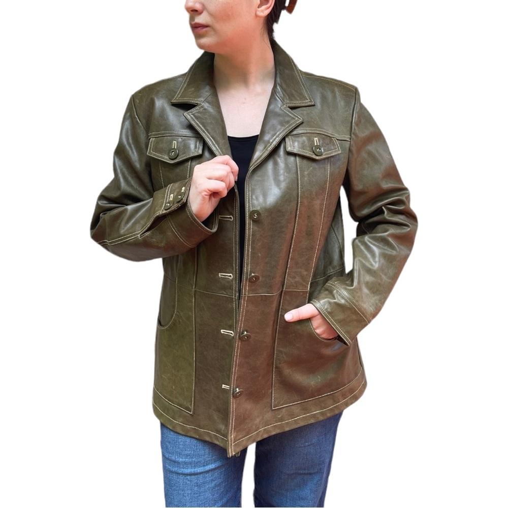 WILSONS LEATHER MAXIMA 70'S INSPIRED SHORT BUTTON DOWN GREEN LEATHER JACKET